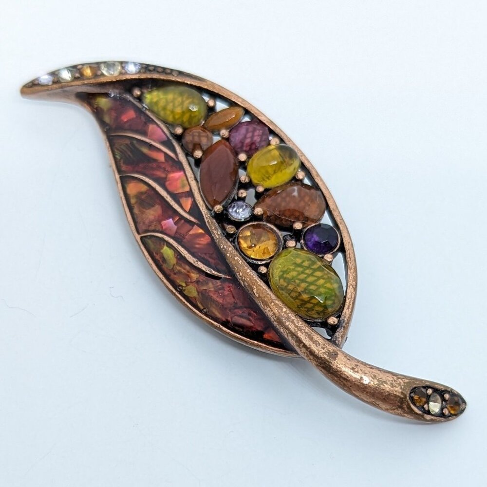 Vtg LC Signed Leaf Brooch Multicolored Stones Rhinestones Liz Claiborne Fall
